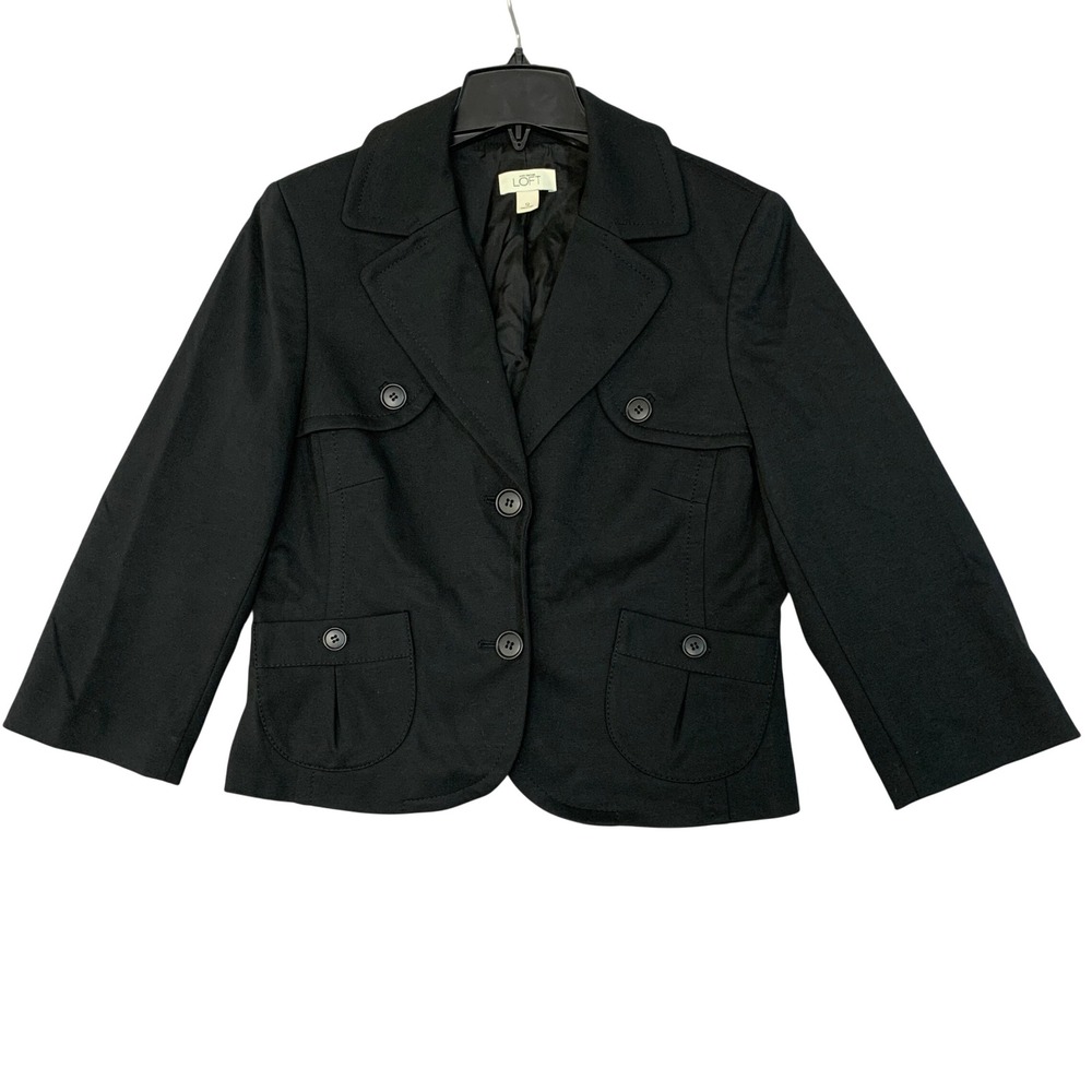 Ann Taylor LOFT Women's 12 Black Button Front Blazer Jacket Polyester
